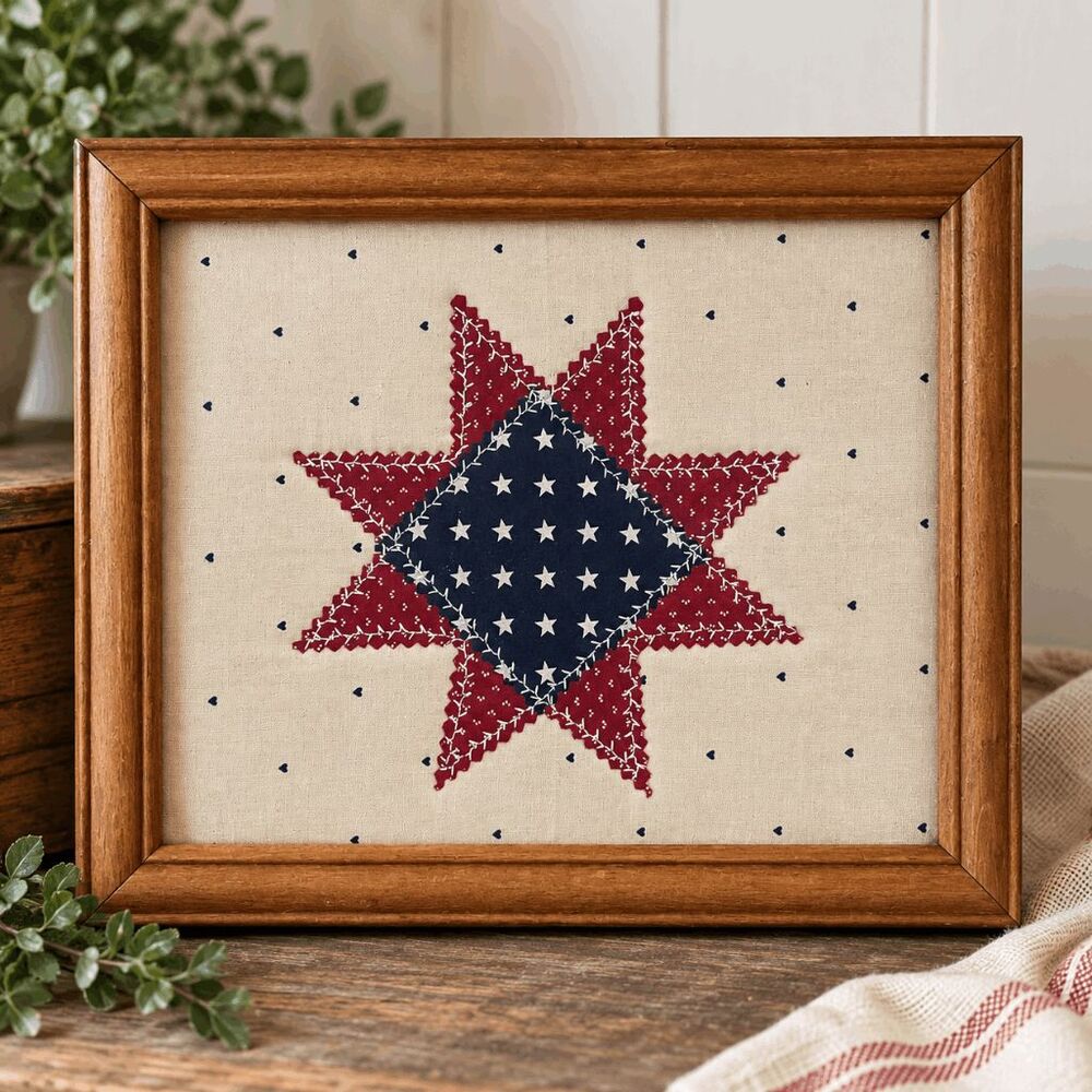 Vintage Cottagecore Patchwork Star Textile Wall Art Folk Art Primitive Framed